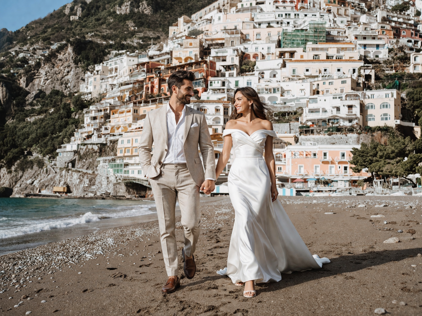 newlywed couple walking on Positano beach with colorful cliffside village and sea in background